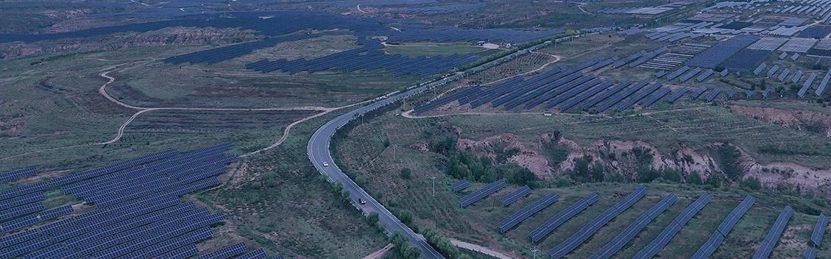 Aerial view of solar panels in a mining area